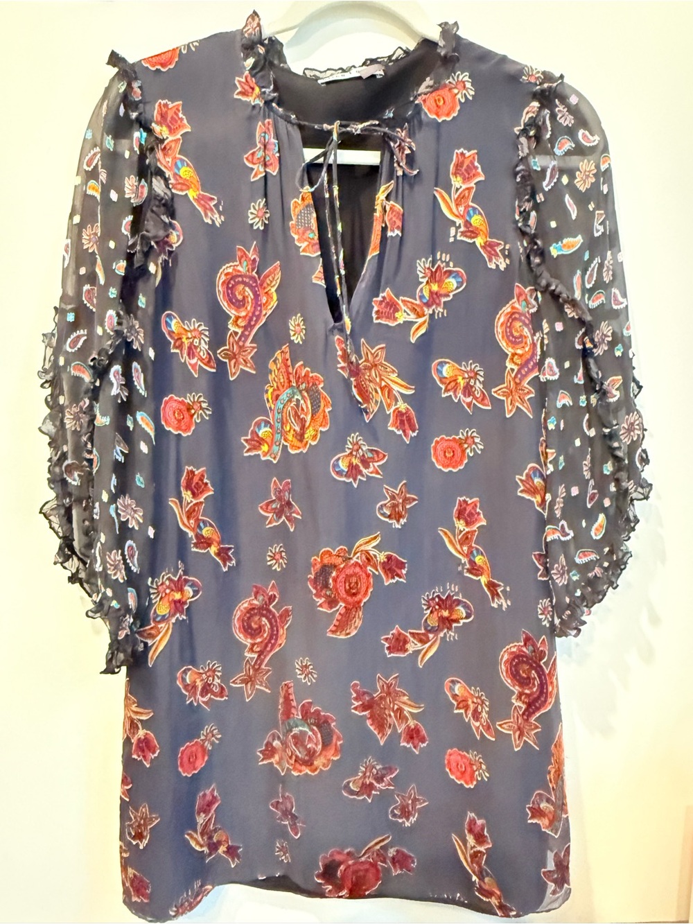 Alice + Olivia Navy Floral Ruffled Tie-Neck Dress